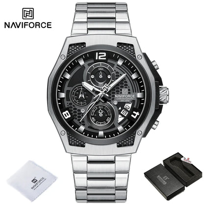Montres Homme Sport Décontractées Marque NAVIFORCE Chronographe à Quartz Multifonction avec Affichage de la Date Bracelet en Acier Montre-Bracelet Reloj Hombre