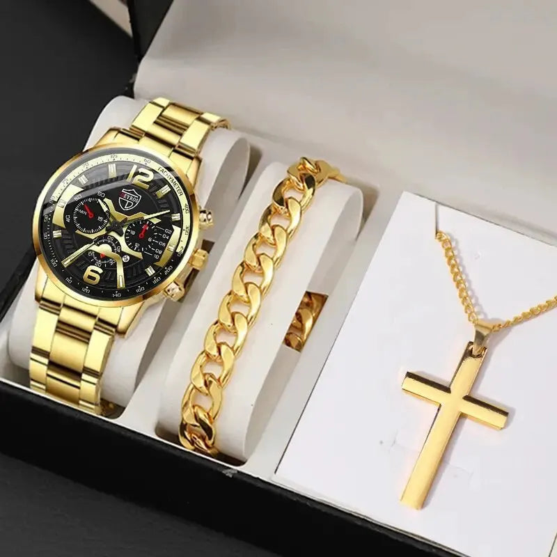 Ensemble 5 pièces DEYROS Montres tendance pour hommes avec calendrier Montres-bracelets à quartz en acier inoxydable pour hommes d'affaires Montre décontractée avec collier et bracelet