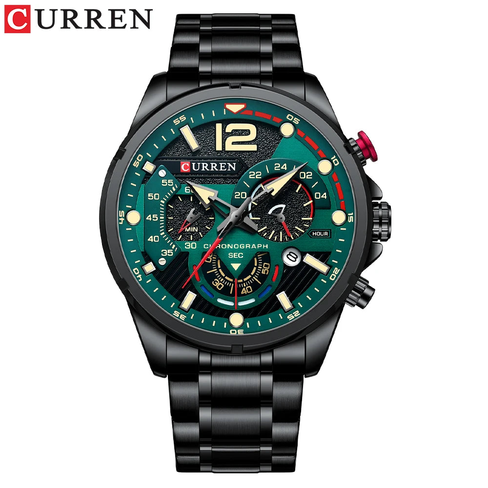 CURREN Montre à quartz mode homme, décontractée, sport, avec cadran chronographe en acier inoxydable et aiguilles lumineuses