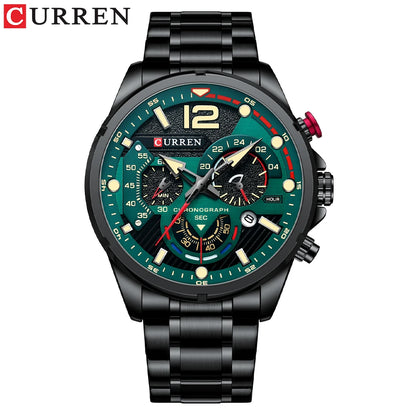 CURREN Montre à quartz mode homme, décontractée, sport, avec cadran chronographe en acier inoxydable et aiguilles lumineuses
