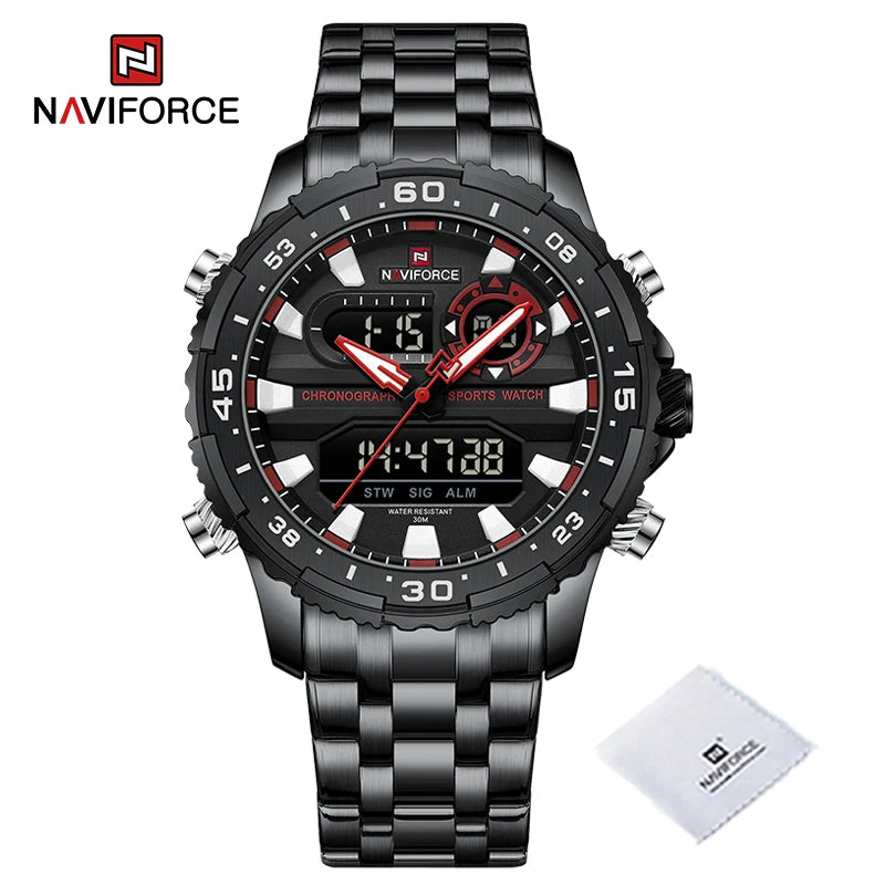 Montres Homme NAVIFORCE Original Tendance Marque LCD Affichage Analogique Numérique Quartz Homme Horloge 30m Étanche Lumineuse Montre-Bracelet Homme