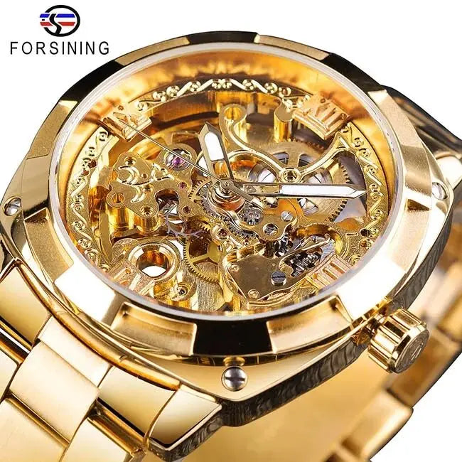 Forsining Montre Mécanique Automatique Transparente Rétro pour Hommes Marque de Luxe Aiguilles Lumineuses Dorées Squelette