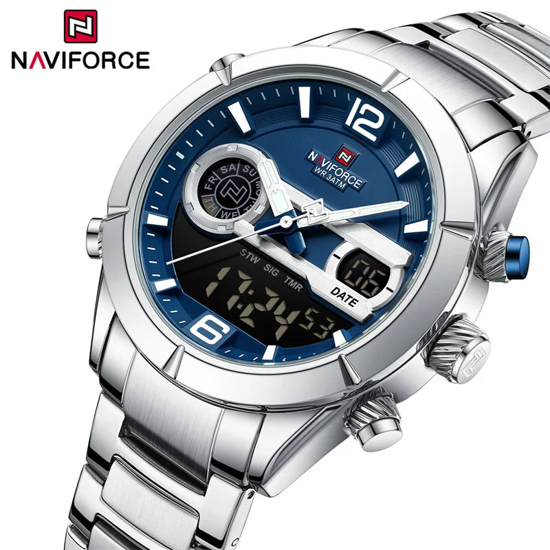 Montre de sport militaire de luxe NAVIFORCE pour hommes, lumineuse, étanche, bracelet en acier, affichage double numérique à quartz, montre-bracelet masculine.