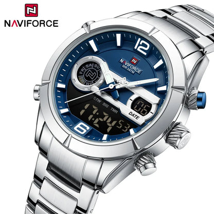 Montre de sport militaire de luxe NAVIFORCE pour hommes, lumineuse, étanche, bracelet en acier, affichage double numérique à quartz, montre-bracelet masculine.