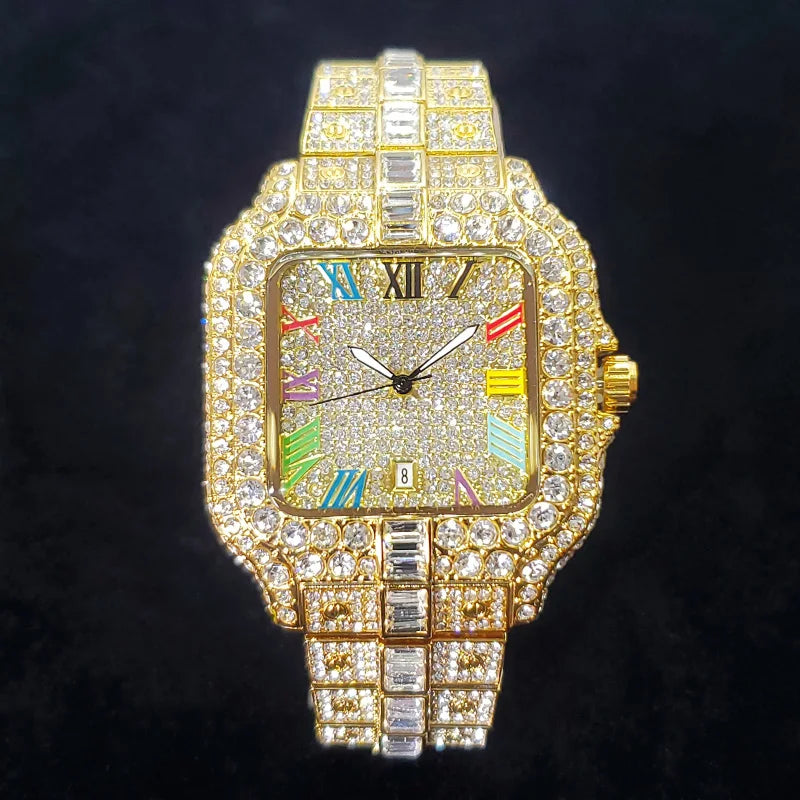 Montre de luxe en diamant 2025 pour homme, à la mode, avec chiffres colorés, style hip-hop, bijoux bling-bling, Reloj Hombre pour fête