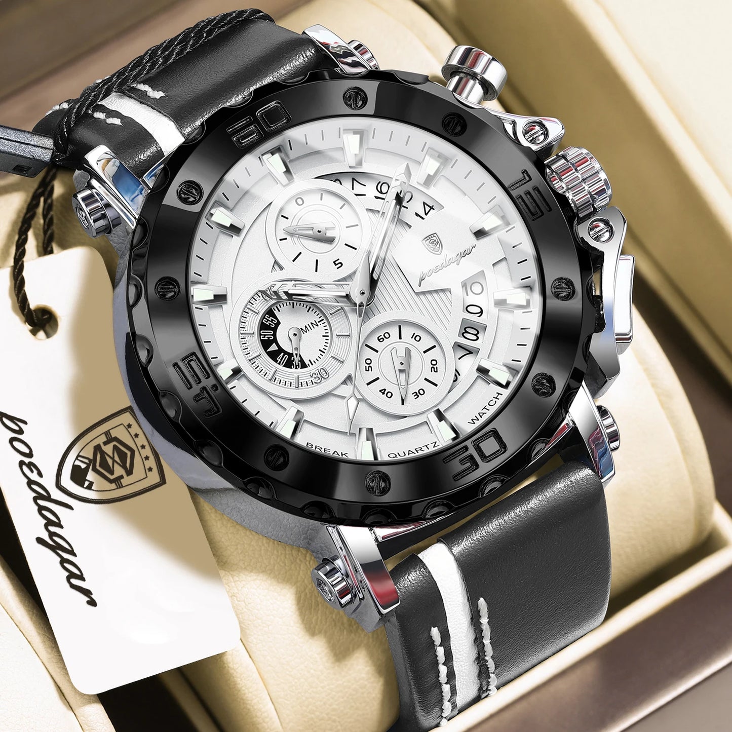 POEDAGAR Montres originales pour homme étanches lumineuses, date, mode, horloge masculine, chronographe, bracelet en cuir, montre-bracelet à quartz pour homme