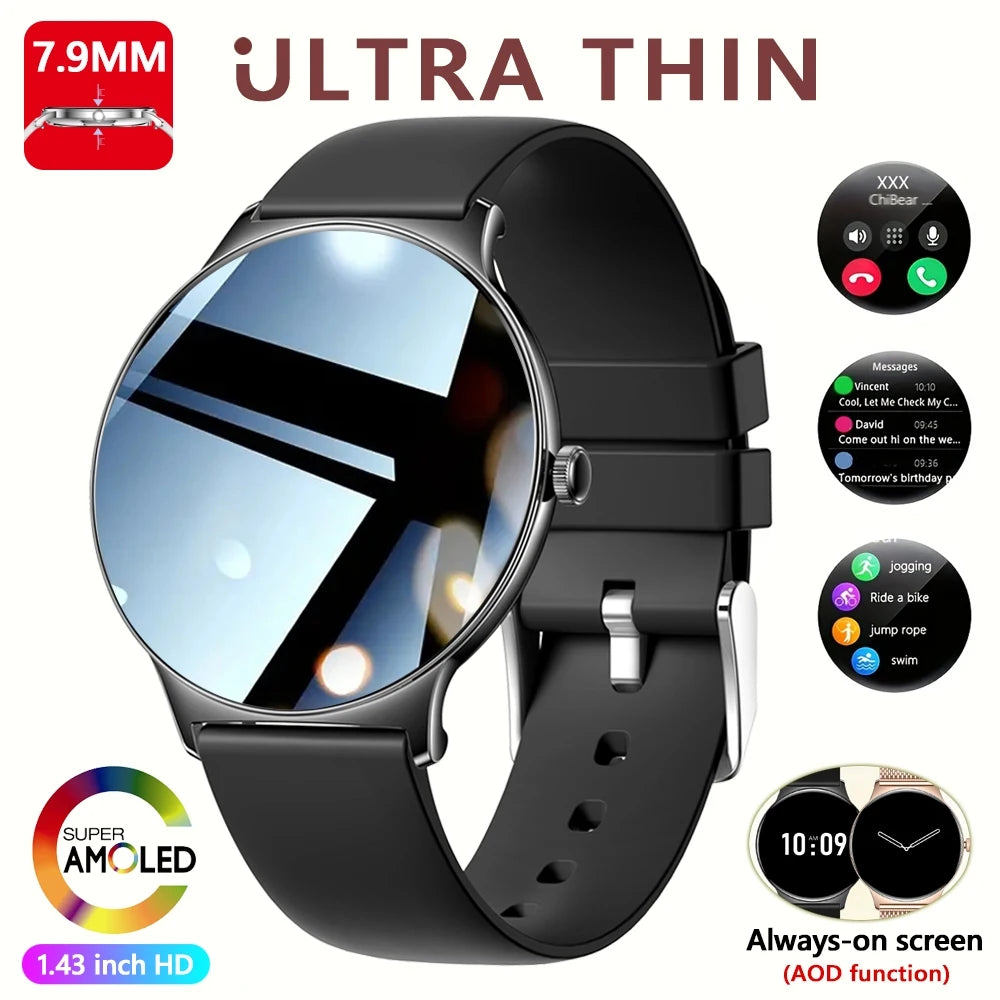 2026 Nouvelle Montre Connectée Ultra Mince 7.9MM Femmes Écran Toujours Affiché Temps Bracelet Sport Appel Bluetooth Montres Intelligentes Mode ios