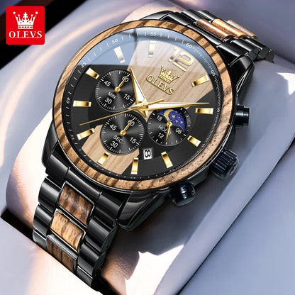 ChronoState OLEVS 3645 – Montre chronographe multifonction phases de lune | Montre de luxe pour homme à quartz et bois