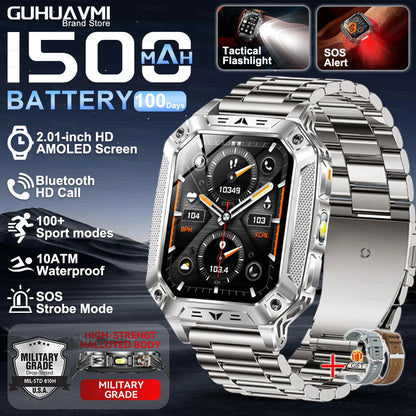 Montre Intelligente Militaire Homme 1500mAh Longue Autonomie Sport Extérieur Montre Connectée Homme Étanche 10ATM Fréquence Cardiaque Appel BT Grande Batterie