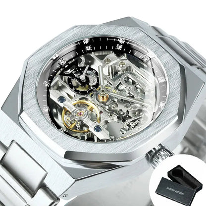 Montre automatique Forsining argentée pour homme, cadran 3D diamant, tourbillon irrégulier, squelette, mécanique, bracelets lumineux, horloge
