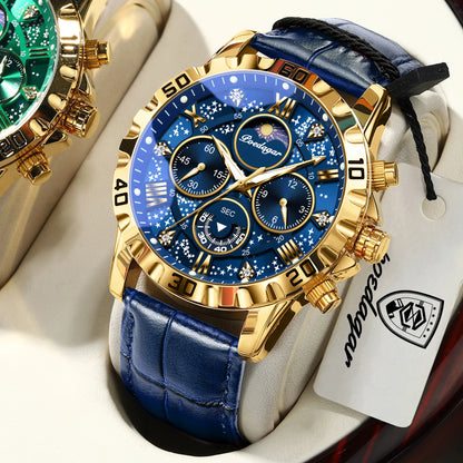 POEDAGAR Montre-bracelet de luxe multifonctionnelle pour homme Étanche Lumineuse Chronographe Montres de sport en cuir pour homme Montre à quartz pour homme
