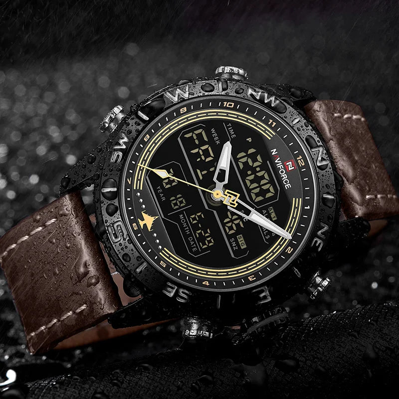 NAVIFORCE – Montre de sport de luxe à quartz pour homme, en cuir véritable, étanche, avec affichage de la date, du jour de la semaine et LED