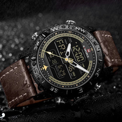 NAVIFORCE – Montre de sport de luxe à quartz pour homme, en cuir véritable, étanche, avec affichage de la date, du jour de la semaine et LED