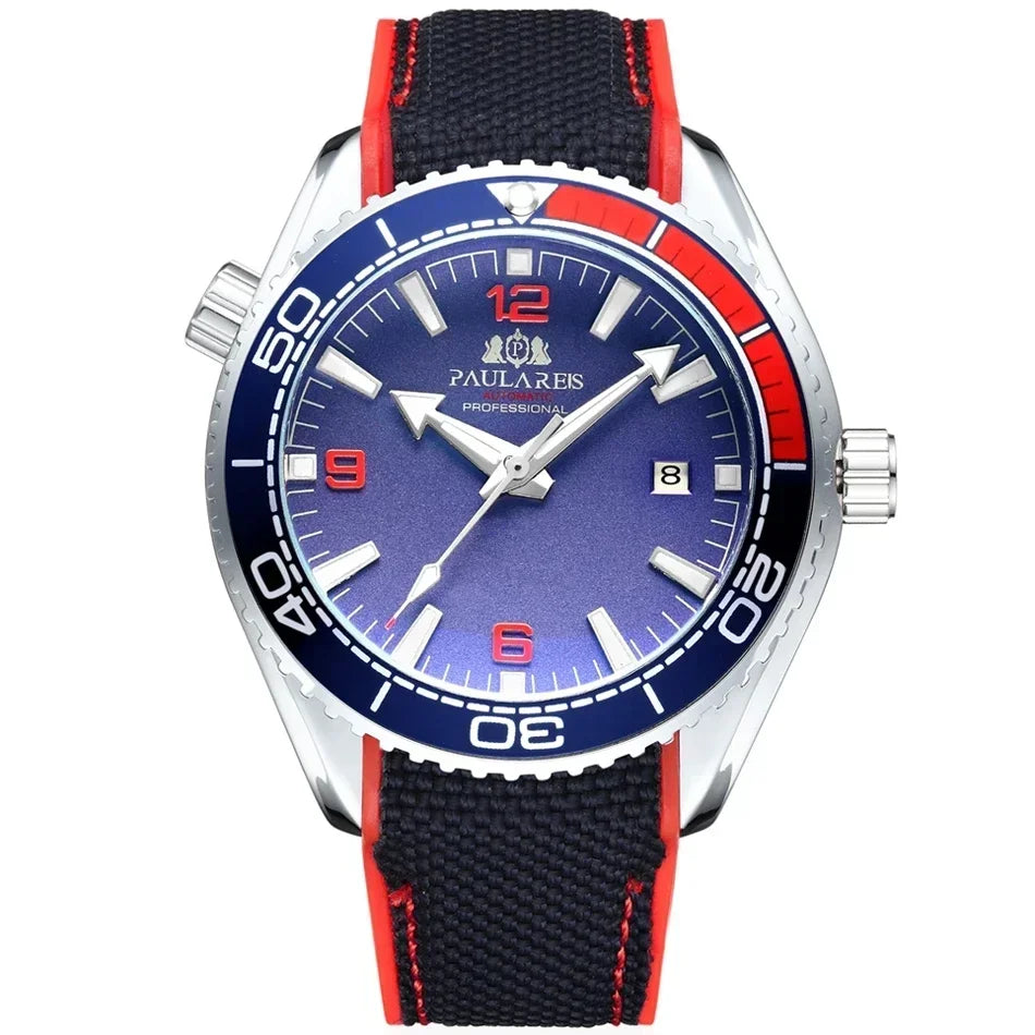 Automatic Mens Watch Mechanical Self Wind Movement Canvas Rubber Strap Orange Blue Red Luxury Fashion Watches