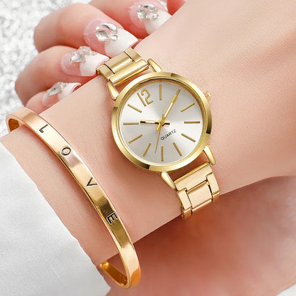 Ensemble 2 Pièces Montre Femme Luxe Tendance Bracelet Fin Doré Montre pour Bracelet Montre Femme Montre-bracelet Féminine Horloge Femme