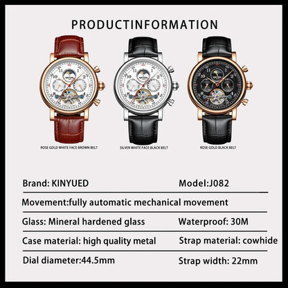 KINYUED Luxury Watches for Men Automatic Mechanical Moon Phase Men Watches Hollow Design Leather Strap Male Business Wristwatch