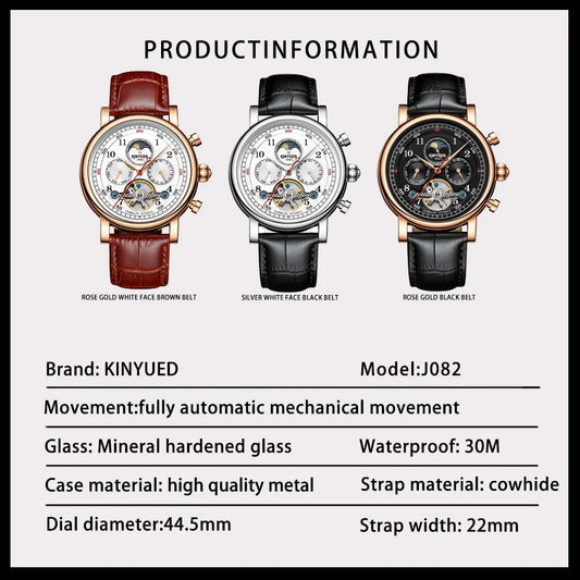 KINYUED Luxury Watches for Men Automatic Mechanical Moon Phase Men Watches Hollow Design Leather Strap Male Business Wristwatch