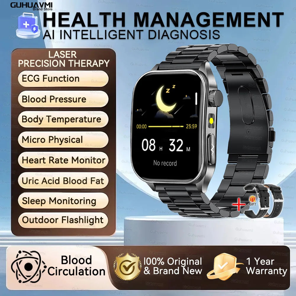 Montre Intelligente de Santé 2026 Thérapie Laser Réduction des Trois Hyper (Tension, Glycémie, Lipides) Oxygène Sanguin Pression Acide Urique ECG Montre Connectée pour Homme