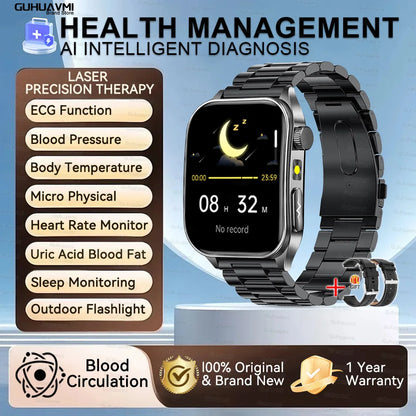 Montre Intelligente de Santé 2026 Thérapie Laser Réduction des Trois Hyper (Tension, Glycémie, Lipides) Oxygène Sanguin Pression Acide Urique ECG Montre Connectée pour Homme