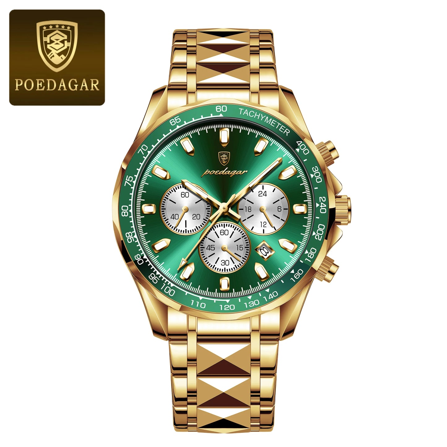 POEDAGAR Montre Homme Luxe Étanche Lumineuse en Acier Inoxydable Montre Chronographe à Quartz avec Date pour Homme d'Affaires