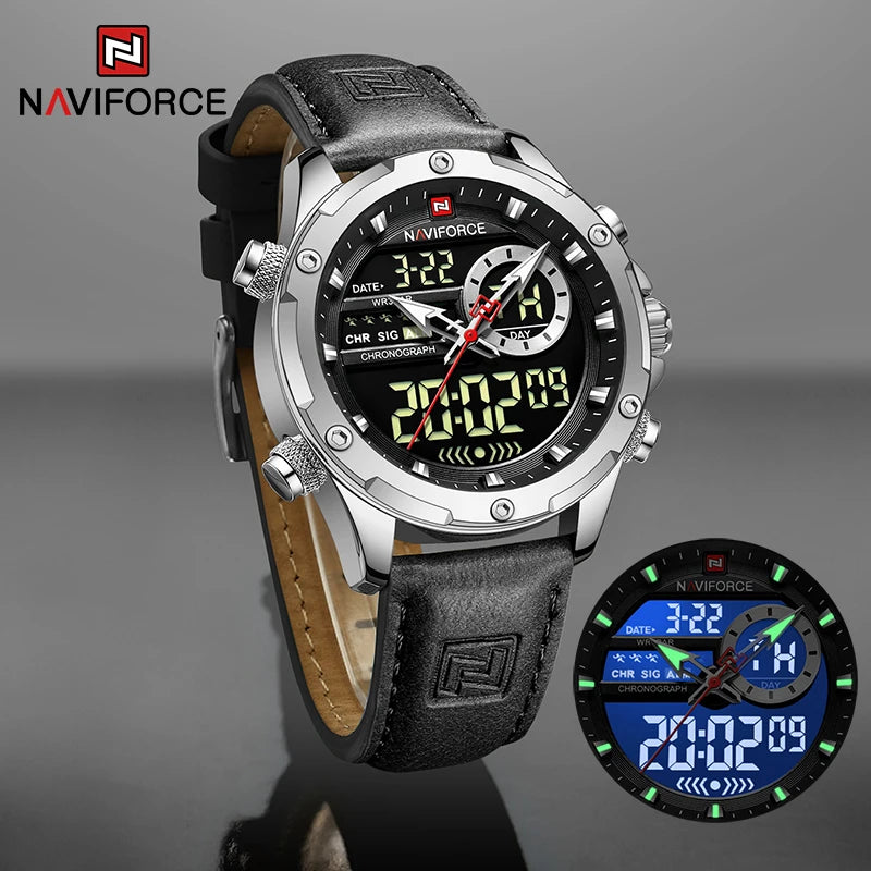Montres NAVIFORCE pour hommes, style militaire sportif, en cuir véritable, étanches, avec cadran numérique, chronographe lumineux et créatif.