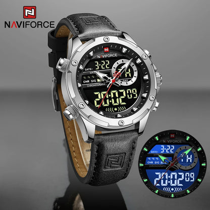Montres NAVIFORCE pour hommes, style militaire sportif, en cuir véritable, étanches, avec cadran numérique, chronographe lumineux et créatif.