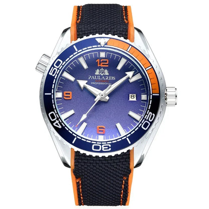 Automatic Mens Watch Mechanical Self Wind Movement Canvas Rubber Strap Orange Blue Red Luxury Fashion Watches
