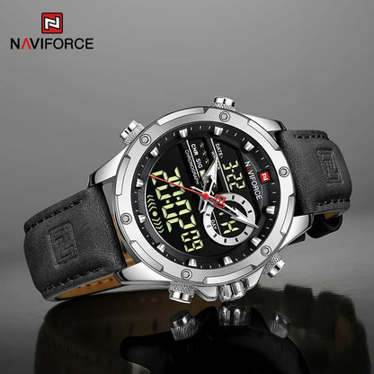 Montres NAVIFORCE pour hommes, style militaire sportif, en cuir véritable, étanches, avec cadran numérique, chronographe lumineux et créatif.
