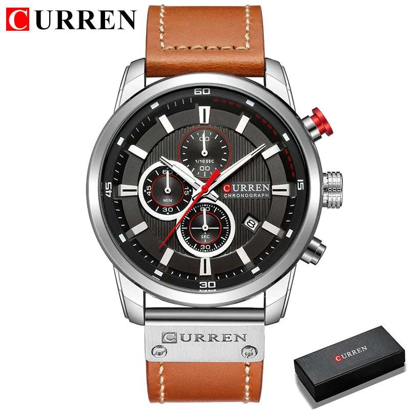 CURREN 8291 Montre Bracelet Homme Quartz Chronographe Cuir Décontracté Militaire Sport Mode Gentleman