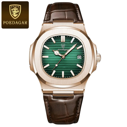 POEDAGAR Montre Homme Carrée Luxe Date Étanche Lumineuse Qualité Supérieure Bracelet Cuir Montre-Bracelet Quartz Homme+Boîte Reloj