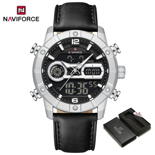 NAVIFORCE NF9263 Montre Étanche Affichage Lumineux Bracelet en Cuir Véritable Chronographe Multifonction Compte à Rebours Alarme NF9263