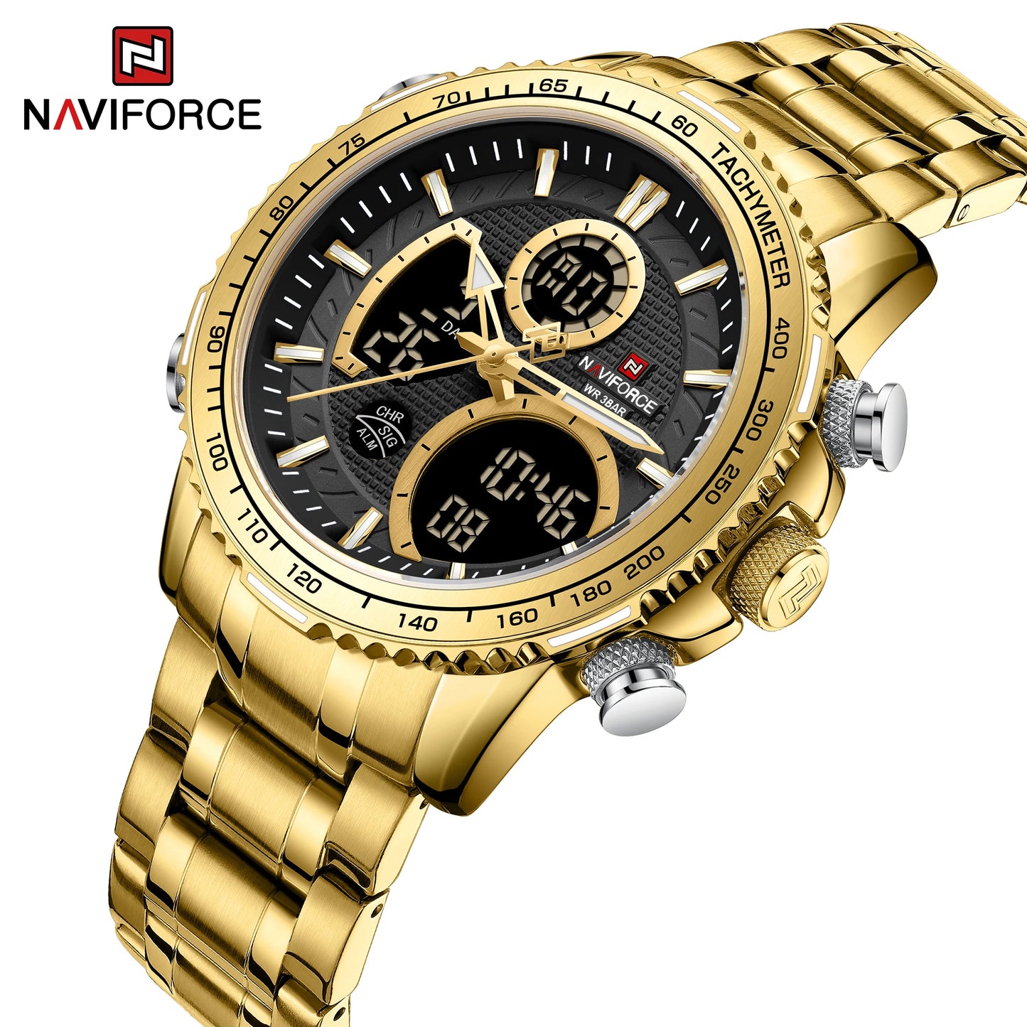 NAVIFORCE Montre Homme Tendance Marque de Luxe Sport Chronographe à Quartz Étanche Militaire en Acier Inoxydable
