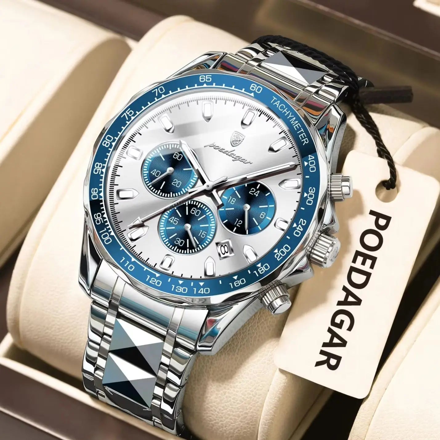 POEDAGAR Montre Homme Luxe Étanche Lumineuse en Acier Inoxydable Montre Chronographe à Quartz avec Date pour Homme d'Affaires