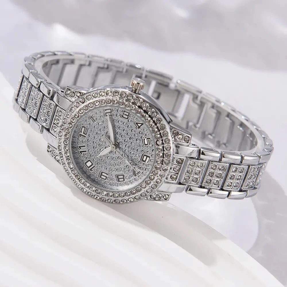 6 montres pour femme de luxe élégantes en alliage avec cristaux, bracelet en strass, montre à quartz, cadeau pour femme