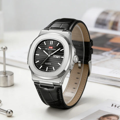 Montre Homme en Cuir Noir Boîtier Ovale Classique Argenté 40mm Double Calendrier Mouvement Quartz Étanche 3 ATM Montre Décontractée Sport pour Homme