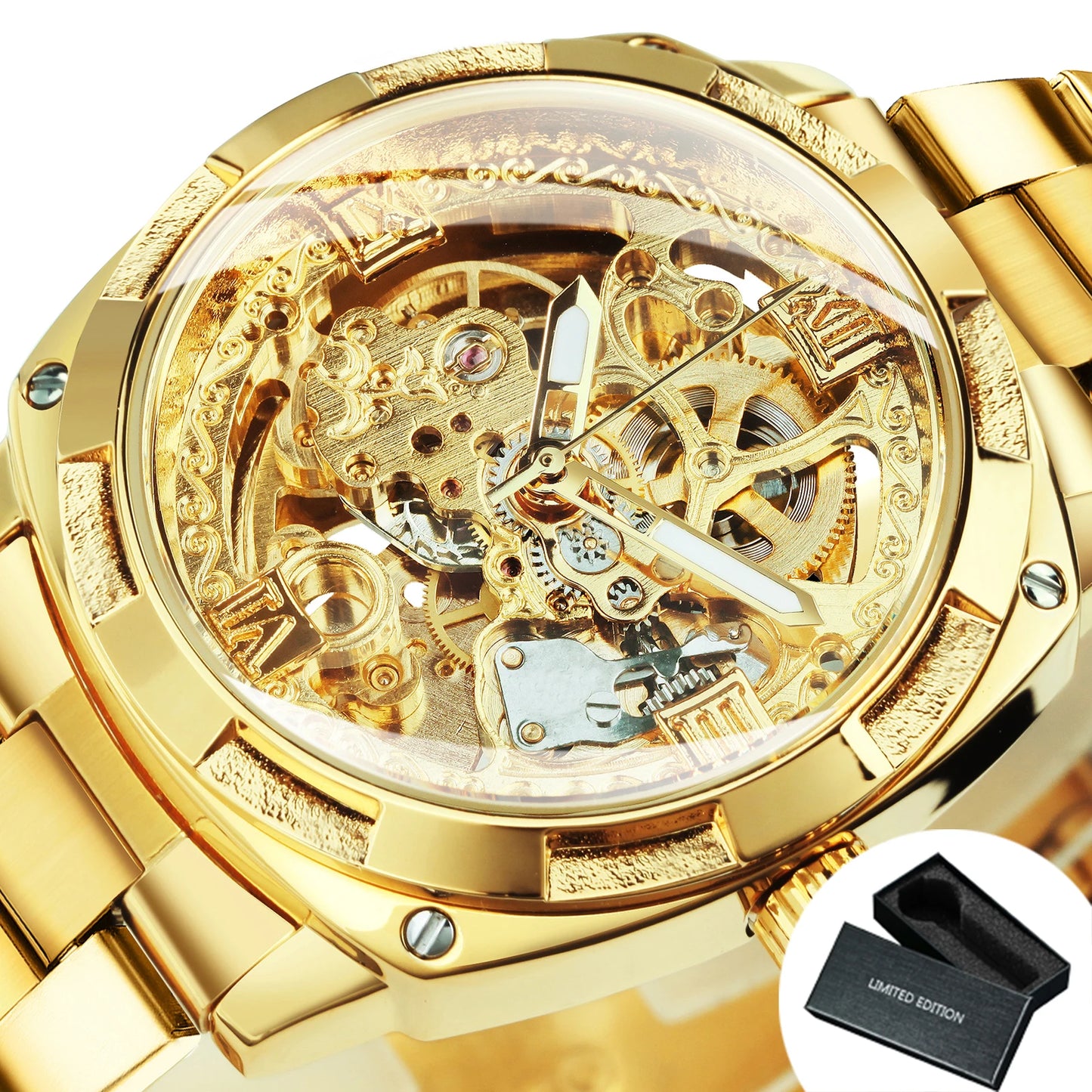 Forsining Square Skeleton Mechanical Watches Luxury Engraved Movement Retro Automatic Watch for Men Steel Strap Luminous Hands