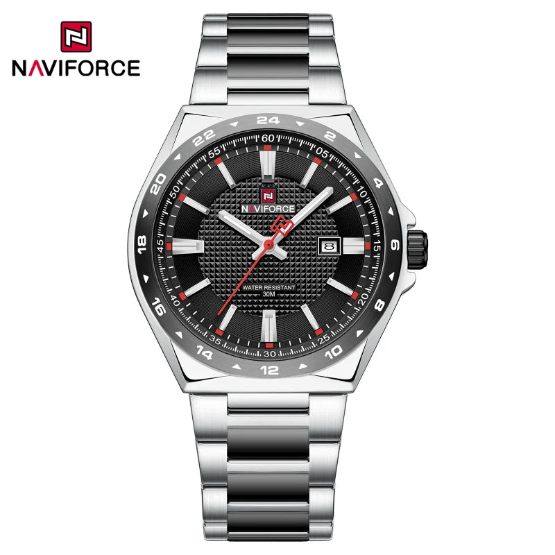 Montres de sport étanches NAVIFORCE 3 ATM pour hommes - Montre-bracelet à quartz de luxe en acier inoxydable avec affichage lumineux de la date
