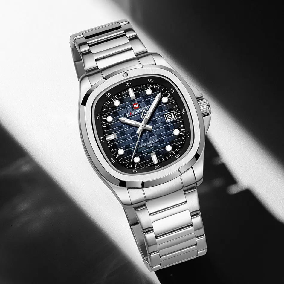 Montre-bracelet de sport NAVIFORCE pour hommes, à quartz, en acier inoxydable, lumineuse, avec calendrier, cadran carré, pour affaires