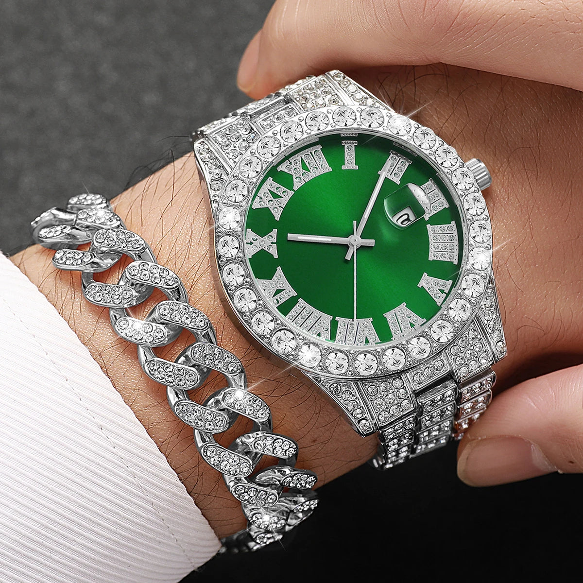 3 montres de luxe pour homme, bracelet, collier, ensemble, mode Hip Pop, montres à quartz avec calendrier pour homme, Reloj Mujer (sans boîte)