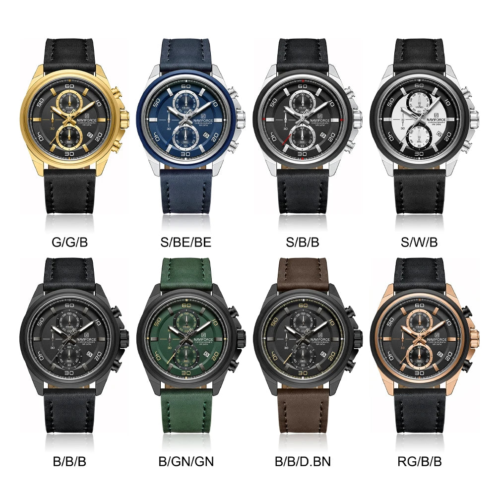 Montres étanches NAVIFORCE pour hommes Montre-bracelet à quartz de luxe en cuir véritable pour hommes Chronographe militaire tendance