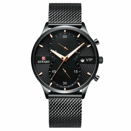 Business Calendar Watch with Spiral Crown and Stainless Steel Strap