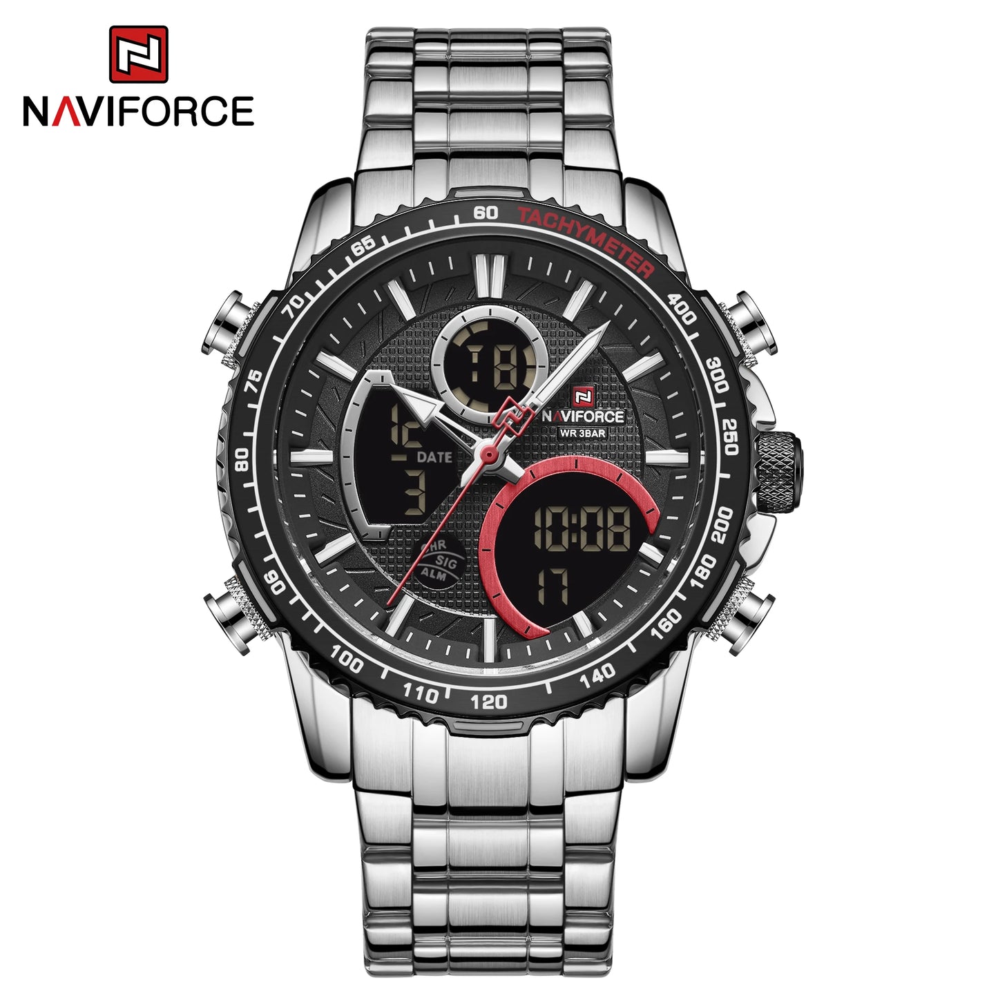NAVIFORCE Montre Homme Tendance Marque de Luxe Sport Chronographe à Quartz Étanche Militaire en Acier Inoxydable