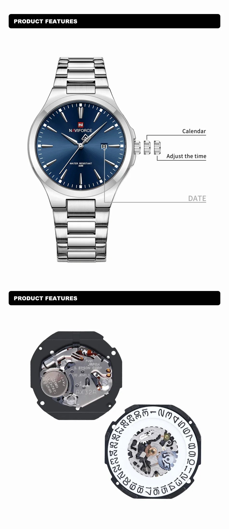 NAVIFORCE NF9214 Montres pour hommes tendance au design original en acier inoxydable, calendrier simple, étanche, Relogio Masculino