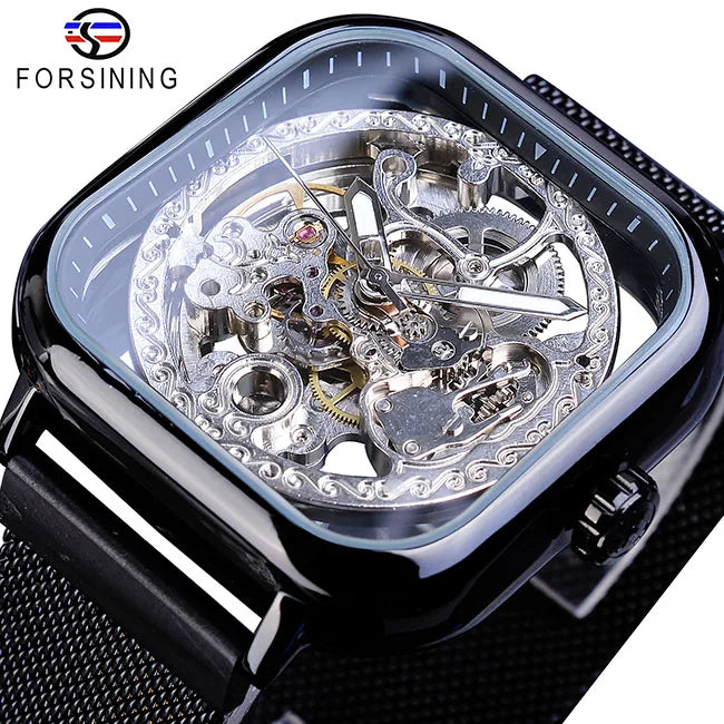 Forsining Montres mécaniques pour hommes, à remontage automatique, dorées transparentes, mode, maille acier, montre-bracelet squelette pour homme, chaude du moment