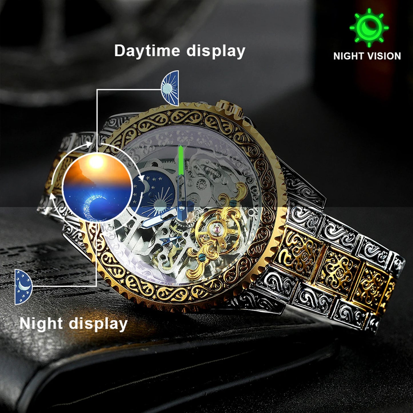 Montre Mécanique Squelette de Luxe Forsining Or Phase de Lune Rétro Gravée Lumineuse Tourbillon Automatique pour Homme Bracelet en Acier