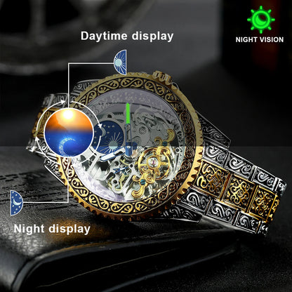 Montre Mécanique Squelette de Luxe Forsining Or Phase de Lune Rétro Gravée Lumineuse Tourbillon Automatique pour Homme Bracelet en Acier