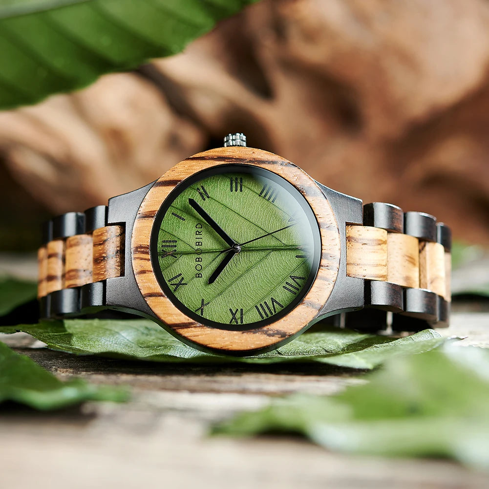 Montre en bois pour homme BOBO BIRD avec feuille véritable, montre en bois originale, montre en bois, montre fabriquée à la main, cadeau d'anniversaire pour homme