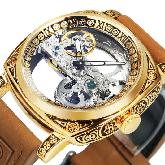 Forsining Vintage Square Skeleton Automatic Mechanical Watch for Men Engraved Case Steel Leather Strap Business Mens Watches