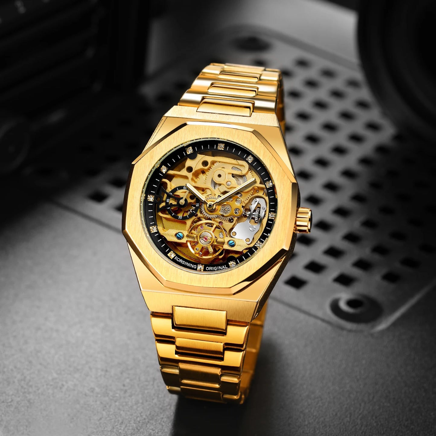 Montre mécanique squelette Forsining Tourbillon pour homme, aiguilles lumineuses, bracelet en acier inoxydable, montres automatiques tendance pour le travail
