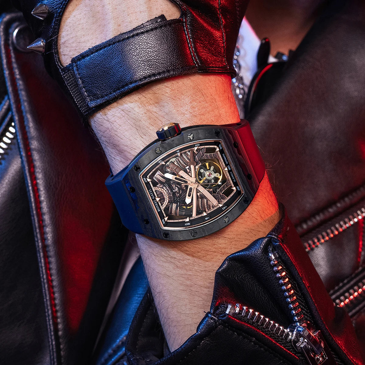Montre automatique BONEST GATTI homme 42*54mm Tonneau Fibre de Carbone Montre mécanique Cadran Ninja Lumineux Verre Saphir